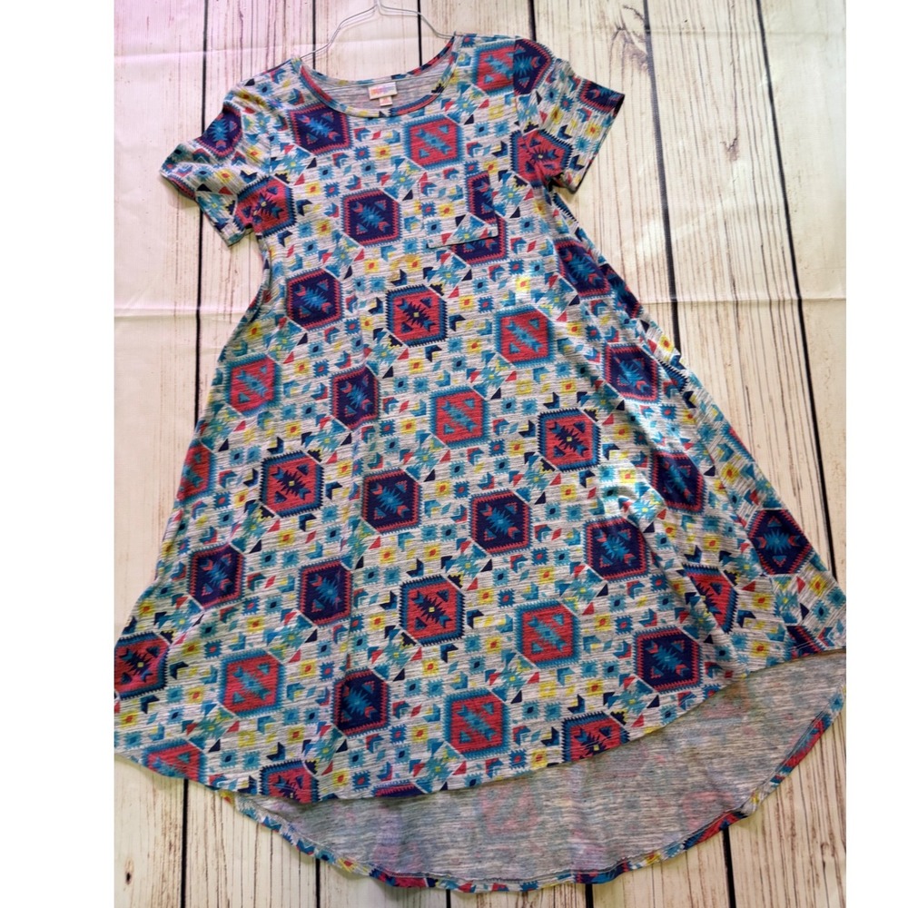 LuLaRoe Carly Dress Womens XS Blue Red Southwestern Geometric High Low Swing